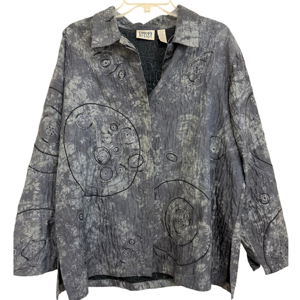 Chico's Design Quilted 100%Silk Metallic Embroidered Jacket Grey Size 3 Vintage